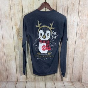 Simply Southern “Girl Bye” Penguin Long Sleeve Christmas Top Sz Small Gray